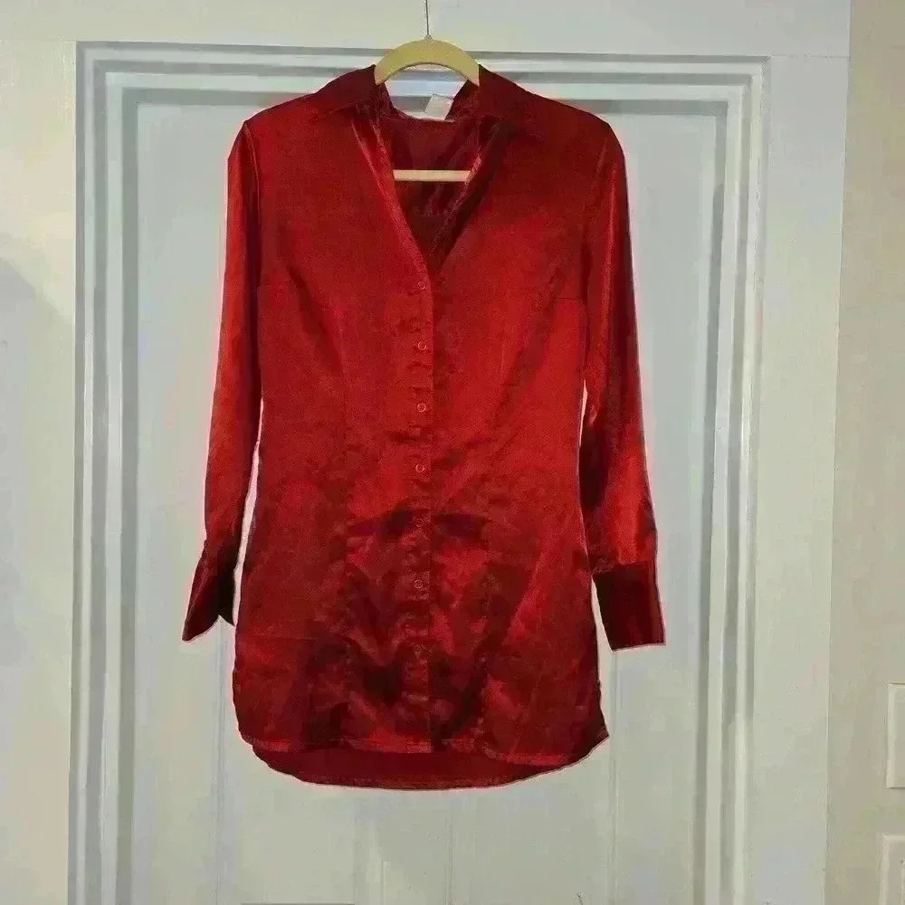 Worthington Satin Shirt Dress Long Sleeve Pointed Collar Red Size Small